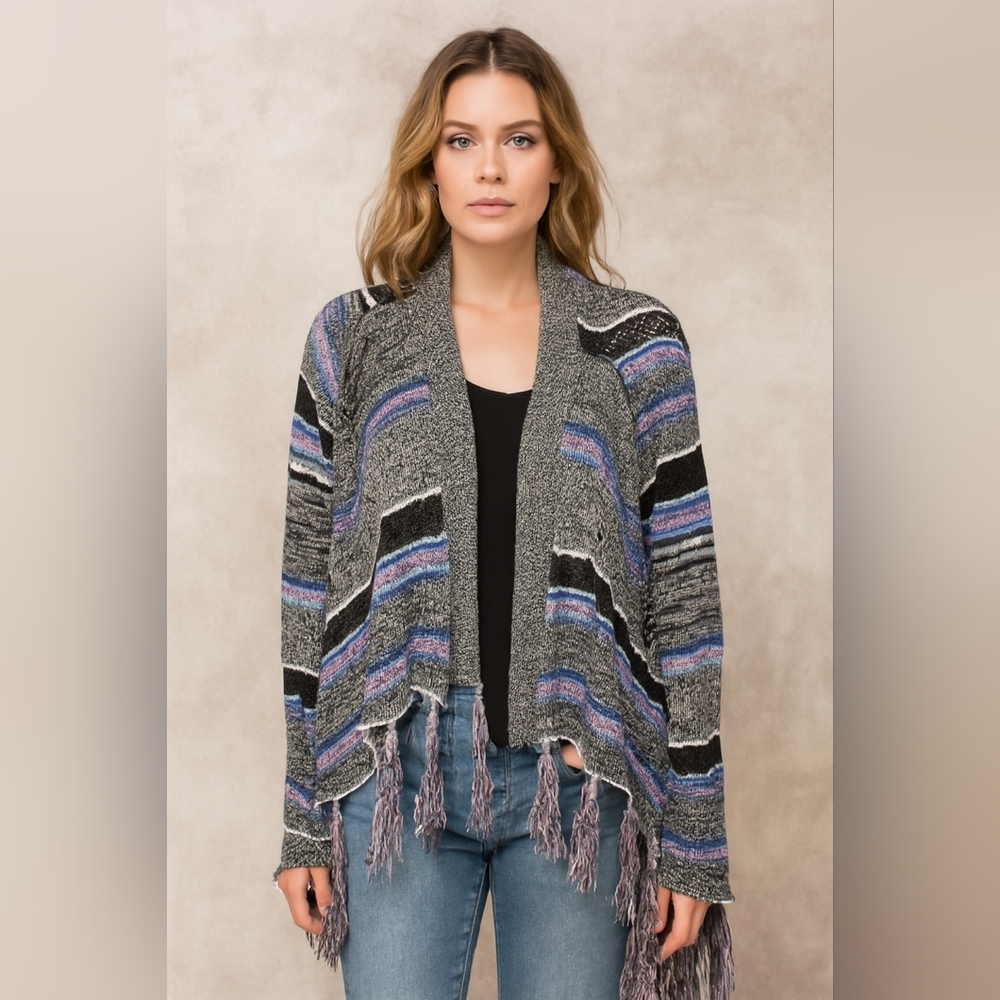ALLISON BRITTNEY Western Whimsigoth multicolor openβ knit Shall Duster & fringe